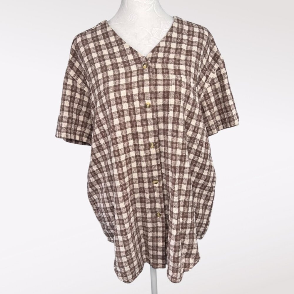 Silk Exchange Noil Plaid Shirt Brown Cream Short Sleeve Size Medium